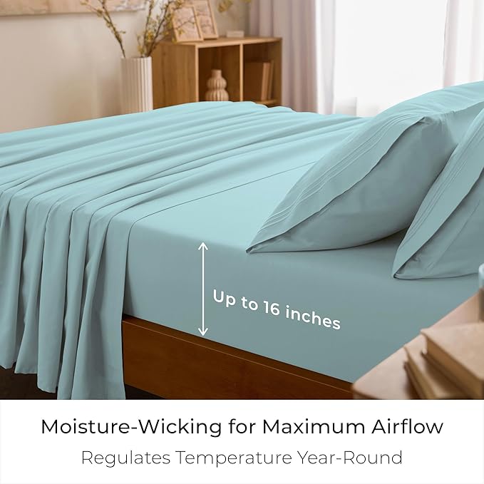 Mellanni Split King Sheet Set - 7-Piece Iconic Collection Bedding, (Including 4 Pillowcases), 16-Inch Deep Pocket, Easy Care, Extra Soft, Cooling Sheets, Brushed Microfiber - Aqua