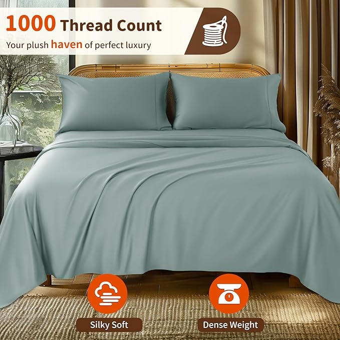 LBRO2M 1000 Thread Count 100% Egyptian Cotton Sheets Set Twin, 3 Piece Sets Bed Sheet Deep Pocket Sheet Set 16" Soft Comfortable All Season (Twin, Sage Green)