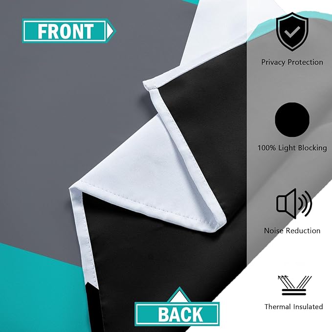 Teal/Turquoise 100% Blackout Curtains for Bedroom 63 inch Length 2 Panels Set Black White Grey Modern Abstract Geometric Black Out Curtains Room Darkening Window Drapes for Living Room, 52Wx63L