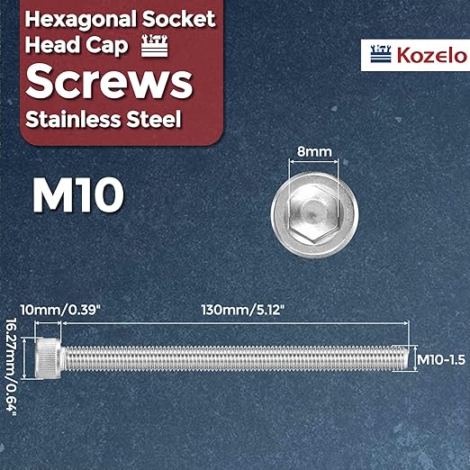 Kozelo 2pcs Socket Head Cap Screws - [M10-1.5 x 130mm] 304 Stainless Steel Allen Socket Drive for Electrical Motor 3D Printing Fan Engine Replacement Use, Silver
