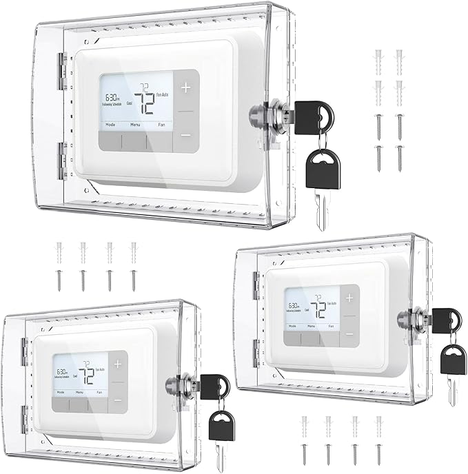 AUURIO 3 PCS Upgraded Thermostat Lock Box with Key, Large Space Thermostat Cover Seamless Anastomosis, Clear Decorative AC Lock Box Cover on Wall Fits Thermostats 4.8" H x 6" W or Smaller