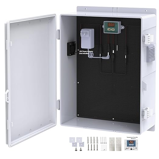Akwscyby Outdoor Electrical Box, Waterproof Electrical Junction Box IP65 ABS Plastic Enclosure with Fan & Thermostat, Mounting Plate and Hinged Lid (18.1" Hx 12.5" L x 6.3" W)