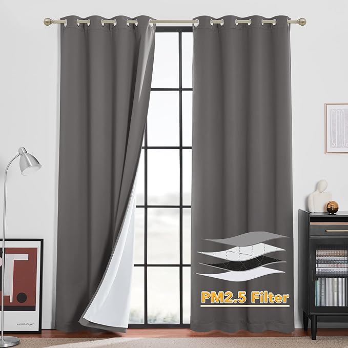 RYB HOME Soundproof & Dust Particle Filtering Curtains Total Blackout Thermal Insulated Window Treatment Anti Dust Air Filter Drapes for Living Room Laundry Room Bedroom, Grey, W52 x L84 inch, 2 Panel