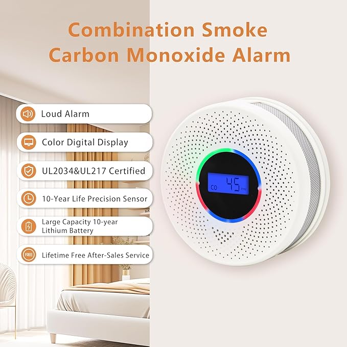 10-Year Battery Smoke and Carbon Monoxide Detector, 2-in-1 Smoke CO Alarm with Digital Display, Reliable Fire and CO Alarm for Home, Bedroom, Kitchen (4 Pack)