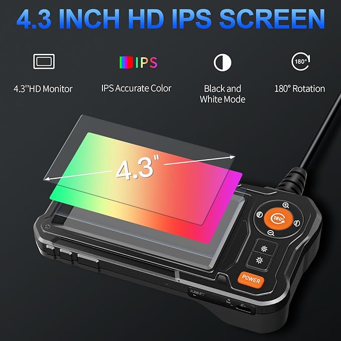 Endoscope Camera with Light - 4.3" LCD Screen Inspection Cameras,IP67 Waterproof Borescope with 8 Adjustable LED Lights,HD 1080P Endoscope Camera 16.5ft Semi-Rigid Cord,gifts for men tools and gadgets
