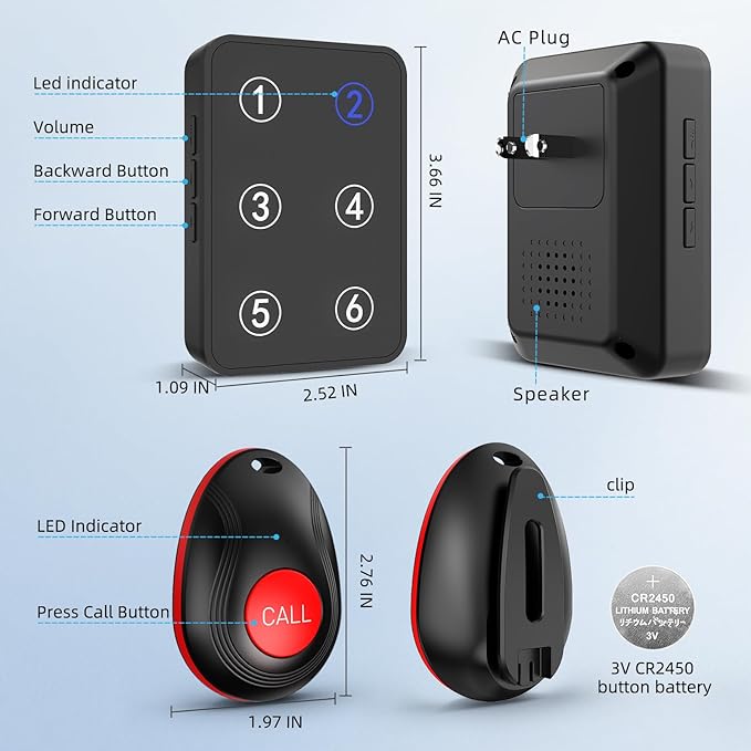 CallToU Wireless Call Button Caregiver Pager Nurse Call System for Elderly/Patients at Home/Hospital with Voice Announcements and LED Number Display (6 Waterproof Call Button & 3 Receiver)