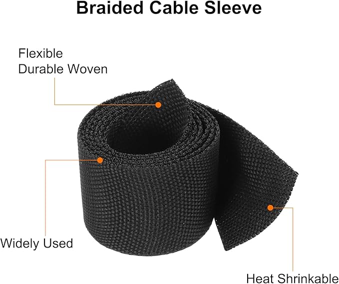 MECCANIXITY Braided Cable Sleeves Heat Shrinkable Fabric Sleeving, 1" 3ft Black 2:1 Ratio Heat Shrinkable Cord Protector for Harness Cable, Network Cable Protection, Cable Management