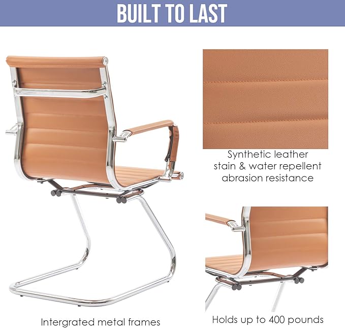 Wahson Office Guest Chairs Set of 8, Leather Reception Chairs, Mid Back Waiting Room Chair, Conference Chairs with Sled Base, Desk Chair No Wheels for Meeting/Lobby/Restroom, Terracotta