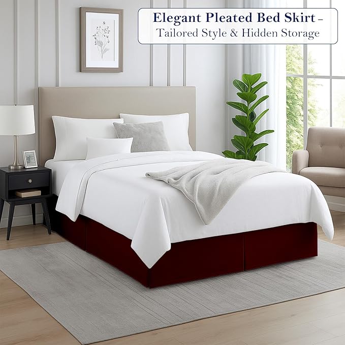Full Bed Skirt, Luxury 15 Inch Drop Burgundy Pleated Bed Skirt, Double Brushed Microfiber, Box Pleat Design, Wrinkle & Fade Resistant, Easy Fit Tailored Bedskirt for Full Size Beds