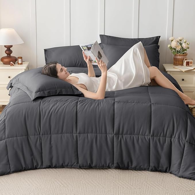JOLLYVOGUE Twin Comforter Set, Ultra-Soft Bed in a Bag Twin Size 5 Pieces, Oeko-TEX Certified Bedding Set with Down Alternative Comforter, Sheets, Pillowcases & Shams, Dark Grey