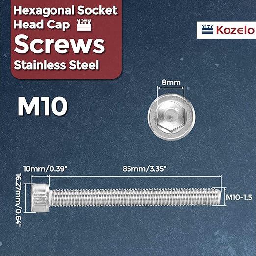 Kozelo 8pcs Socket Head Cap Screws - [M10-1.5 x 85mm] 304 Stainless Steel Allen Socket Drive for Electrical Motor 3D Printing Fan Engine Replacement Use, Silver