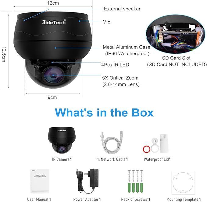 JideTech 10X Hybrid Zoom 4K 8MP Outdoor PTZ IP PoE Dome Camera Indoor, Auto Tracking, Human/Vehicle Detection,Pan Tilt Security Camera with 65ft IR Night Vision, 24/7 Recording, IP66, for Onvif NVR