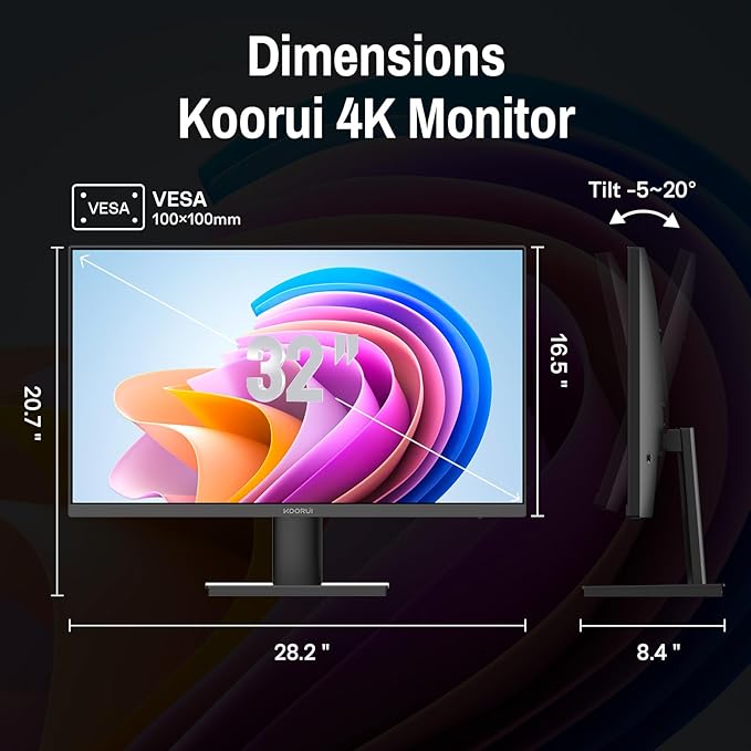 KOORUI 32 inch 4K Computer Monitor with HDMI 2.0 Displayport 1.4 Speakers, 60Hz VESA HDR Support Desktop Monitor Comptatible Free-Sync, G-Sync, Adaptive Sync for Office & Home