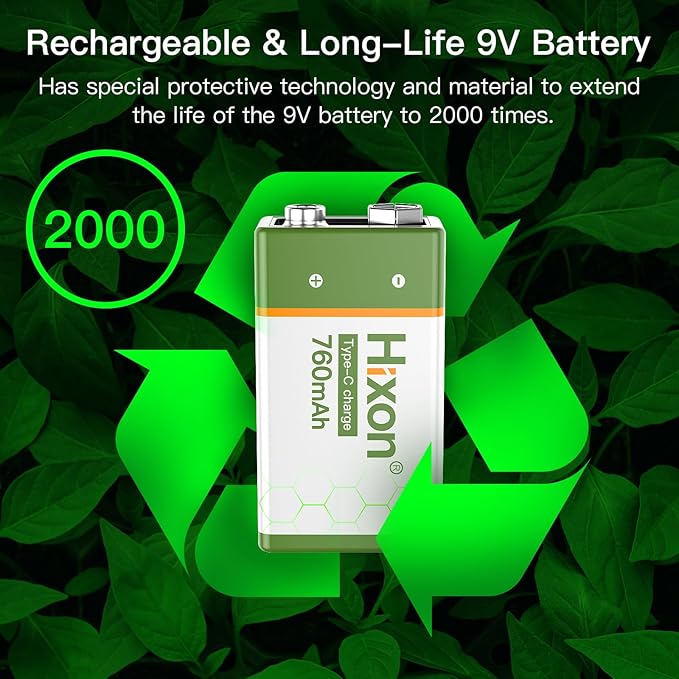 Hixon USB 9V Rechargeable Lithium Batteries - Long-Lasting 760mAh 9 Volt LI-ion Batteries with Type C Charging Cable - for Alarms Wireless Microphones Smoke Detectors Toys(8 Pack)