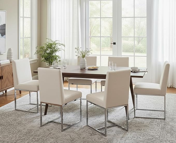 CIMOTA Modern Dining Chairs Set of 4, Upholstered Dining Room Chairs Armless Guest Side Chair with Chrome Base for Dining Room/Kitchen, Beige, 4PCS