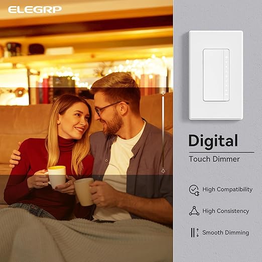 ELEGRP Dimmer Switch, Digital Dimmer Light Switch for LED Lights 150W, INC/HAL 450W, Single Pole LED Dimmer Switch, Needs Neutral Wire, Wall Plate Included, UL Listed, 1 Pack, Matte White