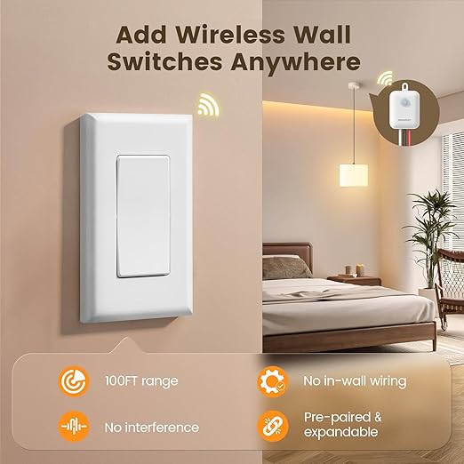 SURAIELEC 3 Way Wireless Light Switch and Receiver Kit, RF 100Ft, No WiFi, No Interference, Expandable 15AMP Remote Control Wall Switches for Ceiling Lighting, Lamp, Fan (Neutral Wire Required)