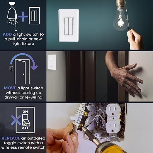 RunLessWire Fan & Light Battery-Free DIY Wireless Light Switch Kit 150ftRF Range Kinetic for Bathrooms & Ceiling Fans: 1 Dual Remote Switch Controls 2 5A On/Off Receivers Separately – White