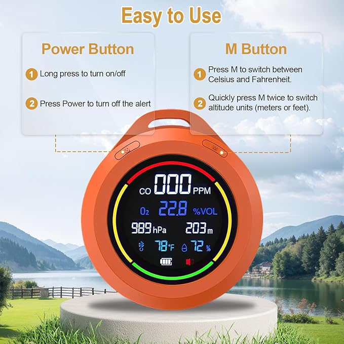 Portable Carbon Monoxide Detectors, 6-in-1 CO Detector, CO/O2/Temperature/Humidity/Altitude/Atmospheric Pressure, Portable Oxygen Detector with Alarm & Color Backlight, for Indoor, Camping, RV,Travel