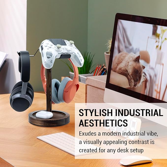 MyGift Industrial Matte Black Metal Headphone Stand with Burnt Wood Tray – Desktop Headset and Gaming Controller Holder for Office, Studio, or Console Setup