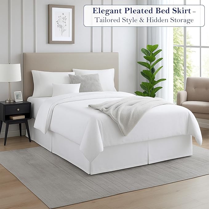 Luxury Pleated Bed Skirt, 16 Inch Tailored Drop Bed Skirt, Soft Double Brushed Premium Microfiber Bed Skirt, Easy Fit Bed Skirt, Fade & Wrinkle Resistant, Box Pleated Full Size Bedskirts - White