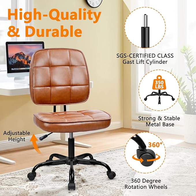 CLATINA Armless Home Office Chair with Lumbar Support and Wheels, Small PU Leather Ergonomic Low Back Desk Chairs No Arms, Adjustable Height 360° Swivel Rolling Computer Task Chair, Brown, 8 Pack