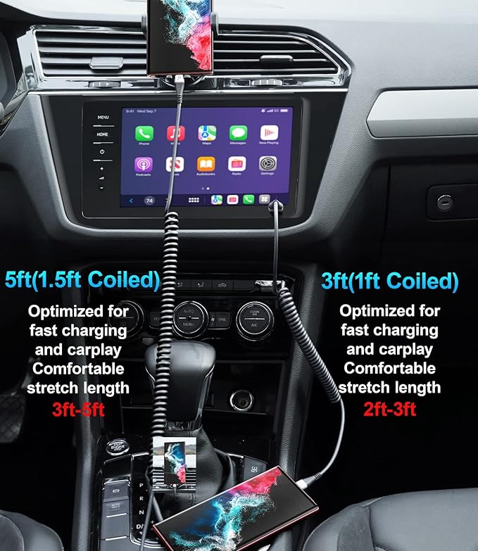 USB Type C Coiled Cable Fast Charging (3FT/5FT), 2Pack Android Auto Charging Cord for Car, Short USB A to USB C Charge Cable Compatible with iPhone 17/16/15/Pro Max/Samsung Galaxy S20 Note 10 and More