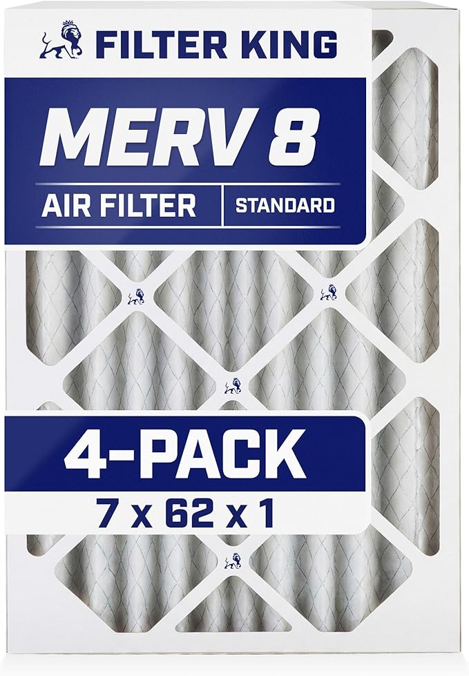 Filter King 7x62x1 Air Filter | 4-PACK | MERV 8 HVAC Pleated A/C Furnace Filters | MADE IN USA | Actual Size: 7 x 62 x .75"