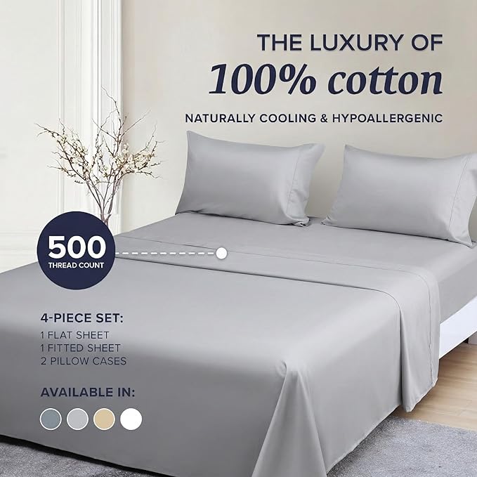 Beckham Hotel Collection Cal King Sheet Set 100% Cotton, 500TC Luxury Sateen Bedding, 16” Deep Pocket, Moisture-Wicking, 4-Piece, Gray