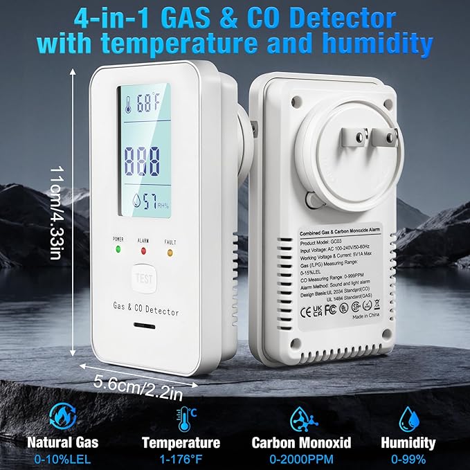 4in1 Combustible Natural Gas & Carbon Monoxide Detector, CO Leak Detector Home Air Quality Monitor with Digital Display for Temperature and Humidity, Kitchen & RV Alarm