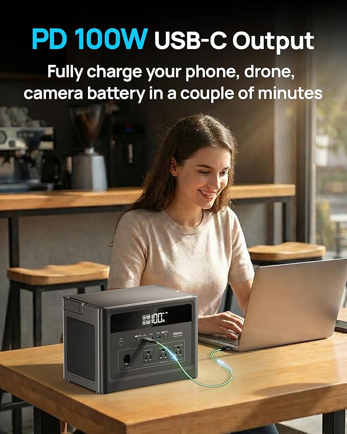 DaranEner Portable Power Station 600W (1200W Surge), 576Wh LiFePO4 Battery Backup, Solar Generator with 100W USB-C Fast Charge, Outdoor Camping RV Backup Power, Home Emergency Power Supply