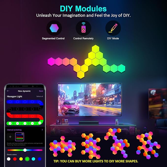 JIMIMORO 20-Pack Hexagon Light Panels – Smart RGB LED Wall Lights with App & Remote – Music Sync Gaming Lights for Gamers, Game Room Decor, Gaming Equipment, Living Room, Bedroom, Kids & Adults