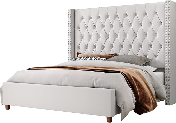 Jocisland King Size Bed Frame with 61.4" Tall Headboard, Velvet Upholstered Wingback Platform Design, Handcrafted Pleats& Deep Button Tufted, Solid Wood Legs, No Box Spring Needed, Cream