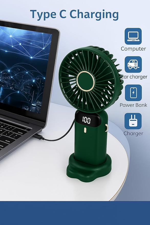 AMPMG LED Digital Display Rechargeable Fan – Portable Handheld & Desk Fan with Adjustable Speeds, USB Charging, Quiet Operation, and Base Stand for Home, Office, Travel and Outdoor Use (Green)