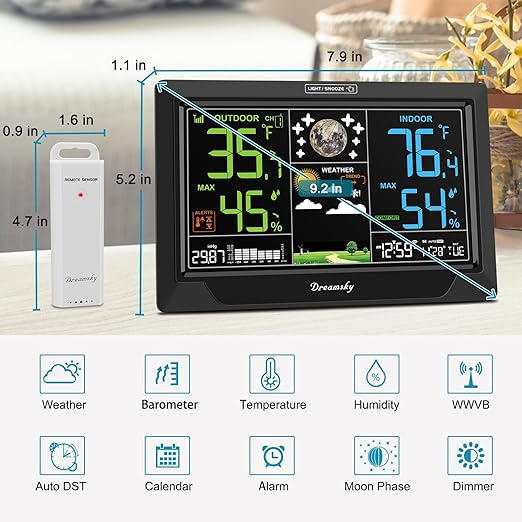 DreamSky Weather Station Indoor Outdoor Thermometer Wireless, Atomic Clock with Indoor Outdoor Temp, Date Day, Adjustable Backlight, Inside Outside Temperature Humidity Monitor for Home