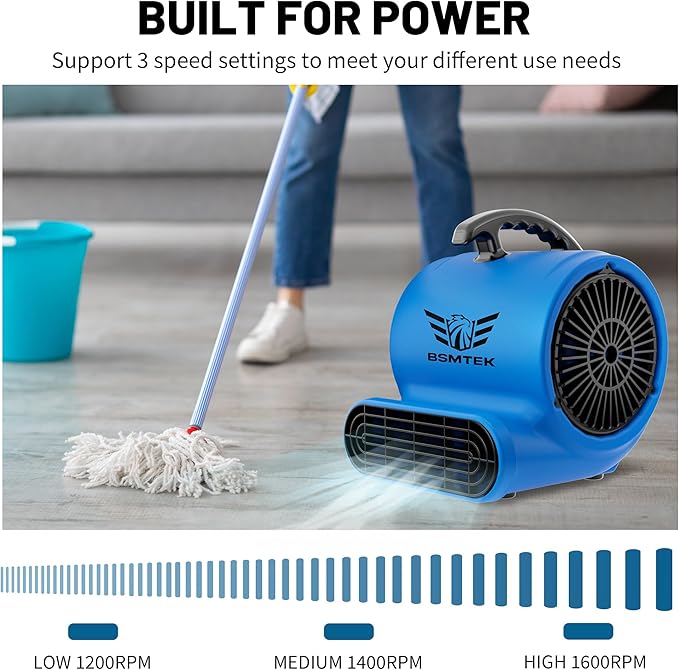 BSMTEK Air Mover Blower Fan, Industrial 1/3HP 1200CFM Monster Floor Blower Carpet Dryers - 3 Speeds Switch, 4 Adjustable Angles, 10FT Long Cord, Stackable - 2026 Upgraded