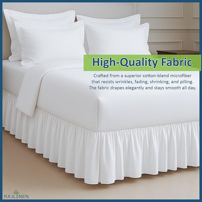 Rajlinen Ruffled Bed Skirt Full, 10 Inch Drop Dust Ruffle with Split Corners, 100% Microfiber Bedskirt with Platform, Three-Sided Coverage Ruffled Gathering Design, White