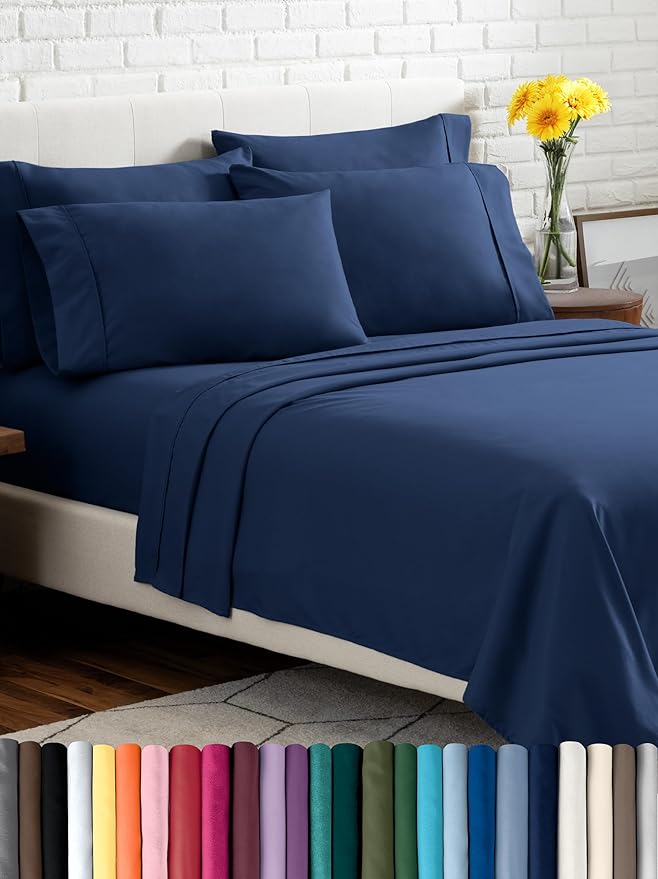 Bare Home Hotel Luxury Full XL Sheet Set, Extra Soft - 6 Piece Set - Deep Pockets - Easy Fit - Cooling & Breathable - Wrinkle, Fade, Stain Resistant - Includes 4 Pillowcases (Full XL, Dark Blue)