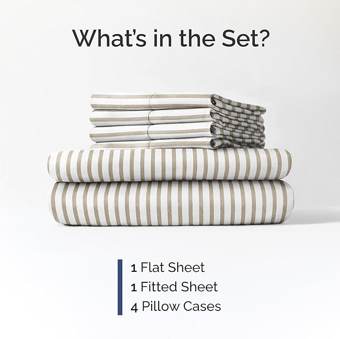 Queen 6 Piece Sheet Set - Cooling, Comfy & Breathable - Hotel Luxury Bedding, Includes Fitted Sheet for Women, Men, Kids & Teens - 1 Flat, 1 Fitted Sheet, 4 Pillowcases w/Deep Pockets - Beige Stripes