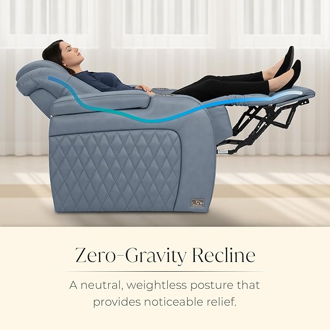 Seatcraft Diamante Zero-Gravity CoolZero Italian Leather Home Theater Seating, Power Headrest, Power Recline, Row of 5 Middle Sofa, Smokey Blue