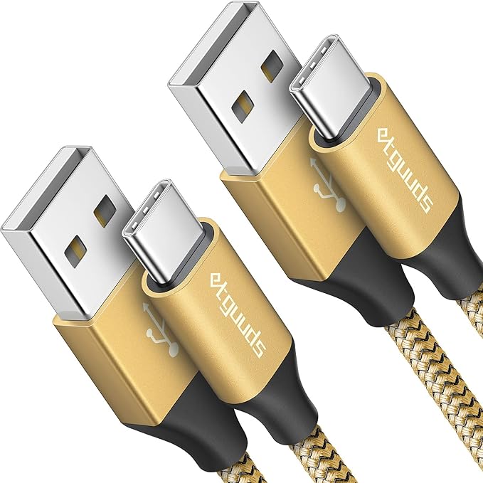 etguuds USB A to USB C Cable 6.6ft, 2-Pack, 3A Fast Charging Type C Charger Cord for iPhone 17 16 15 Pro Max 16e 17 Air, Samsung Galaxy S25 S24 S23 S22 S21 S20 A17 A16 A56 A55 Flip Fold, Gold