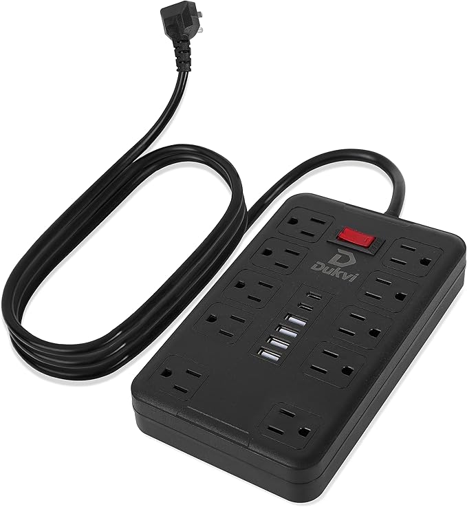 DUKVI Surge Protector Power Strip with 10 Widely-Spaced Outlets & 6 USB(2USB C) Ports, 6ft Flat Plug Extension Cord Wall Mountable, Desktop Charging Stations for Smartphone Tablet Laptop