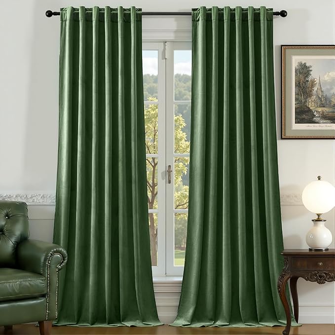 AUSSPVOCT Olive Green Velvet Curtains 96 Inches for Bedroom, Thermal Insulated Soft Room Darkening Curtains Luxury Window Drapes for Living Room Nursery, Back Tab Rod Pocket, W52 x L96, 2 Panels