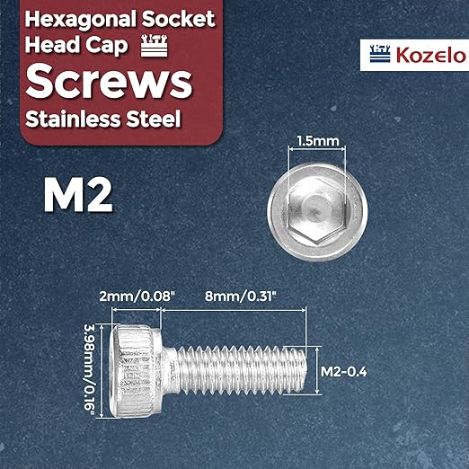 Kozelo 100pcs Socket Head Cap Screws - [M2-0.4 x 8mm] 304 Stainless Steel Allen Socket Drive for Electrical Motor 3D Printing Fan Engine Replacement Use, Silver