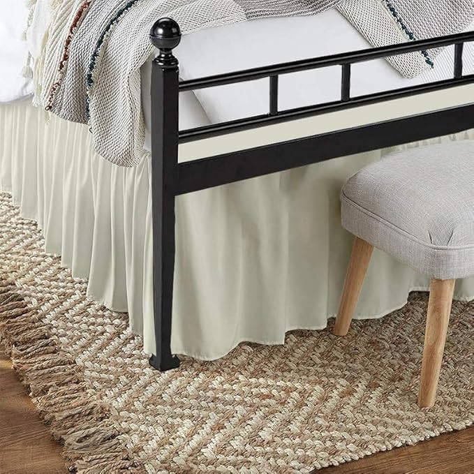 Rajlinen Ruffled Bed Skirt King, 21 Inch Drop Dust Ruffle with Split Corners, 100% Microfiber Bedskirt with Platform, Three-Sided Coverage Ruffled Gathering Design, Ivory