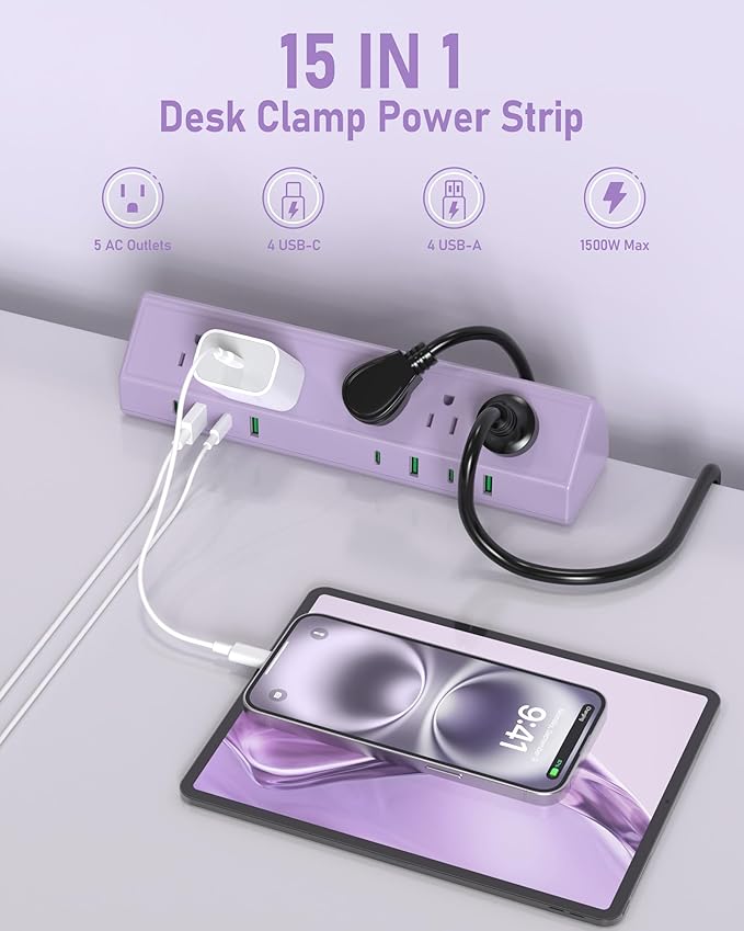 Jgstkcity Desk Clamp Power Strip,65W Fast Charging Station,4 USB-C,4 USB-A,1200J Surge Protector,ETL Listed,1875W Extension Cord,Multiple Outlets for Home, Office (Purple, 6 FT Cable)