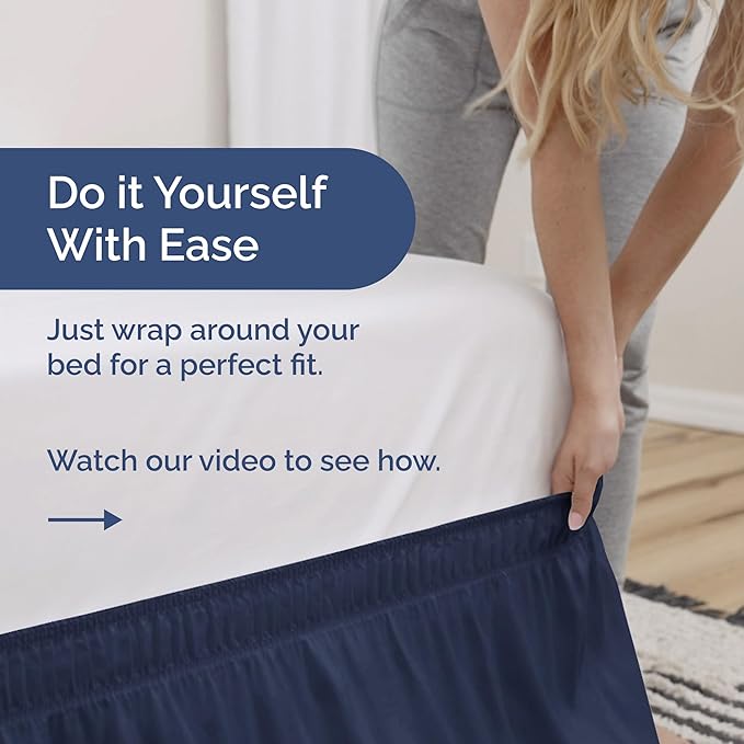 Wrap Around Dust Ruffle Bed Skirt - Navy Blue - for King Size Beds with 12 Inch Drop - Elastic Strap - Adjustable Pleated Bedskirt with Brushed Fabric and Wrinkle Free - for Women, Men, Kids & Teens