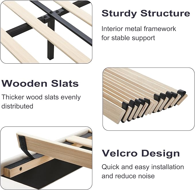 Queen Platform Bed Frame, Velvet Upholstered Bedframe with Vertical Channel Adjustable Headboard, Golden Plating Trim, Mattress Foundation with Wooden Slats, No Box Spring Needed, Beige