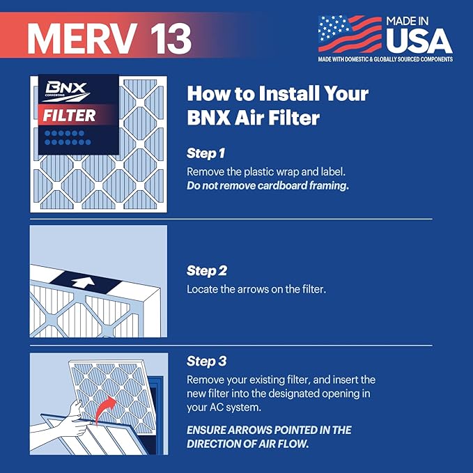 BNX TruFilter 20x24x1 Air Filter MERV 13 (4-Pack) - MADE IN USA - Electrostatic Pleated Air Conditioner HVAC AC Furnace Filters for Allergies, Pollen, Mold, Bacteria, Smoke, Allergen, MPR 1900 FPR 10
