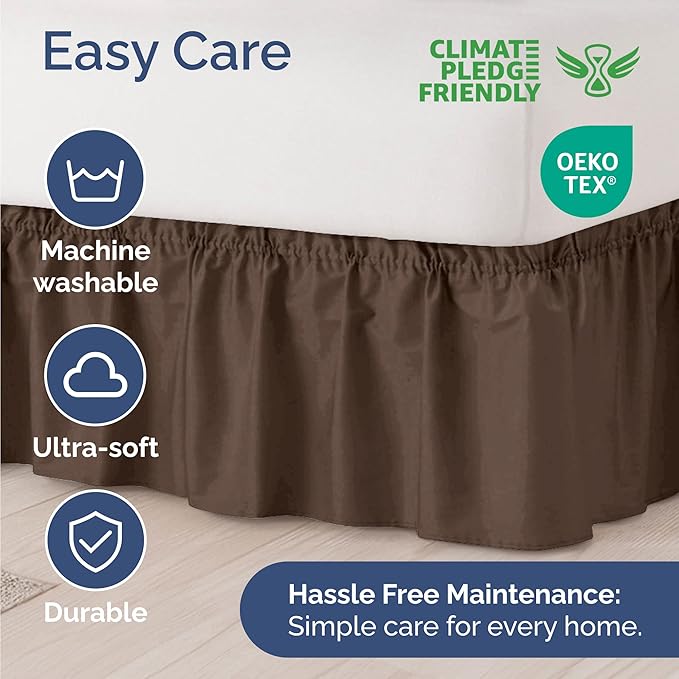 Wrap Around Dust Ruffle Bed Skirt - Brown - Twin/Twin XL Size Beds with 15 Inch Drop - Easy Fit Elastic Strap - Adjustable Pleated Bedskirt w/Brushed Fabric - Wrinkle Free - Women, Men, Kids & Teens